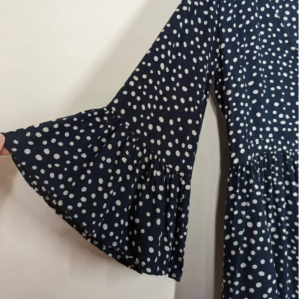 Kivari Mahala V-Neck Button Front Mini Dress Blue Polka Dot Bell Sleeves XS - Picture 5 of 9